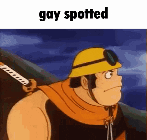 a cartoon man wearing a yellow hard hat and goggles is standing next to a boat and says gay spotted .