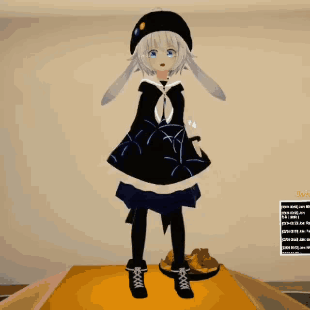a girl in a sailor outfit is standing in front of a yellow wall