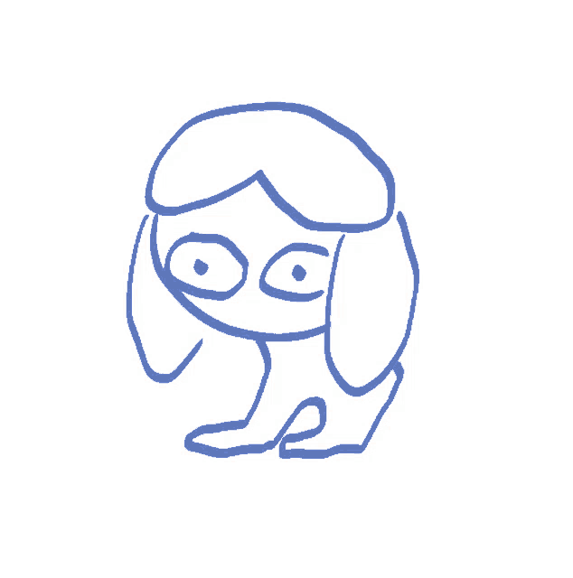 a blue and white drawing of a bird with a large head