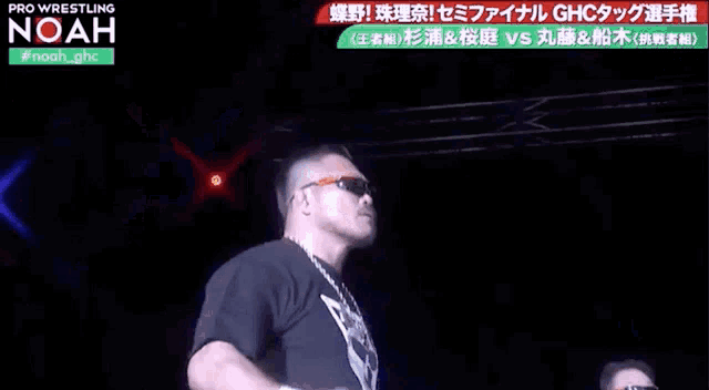a man wearing sunglasses stands in front of a pro wrestling noah sign