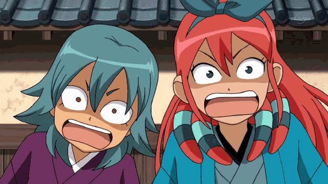 two cartoon characters are making funny faces in front of a roof that says tv tokyo on it