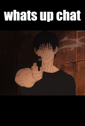 a man pointing a gun with the words whats up chat written below him