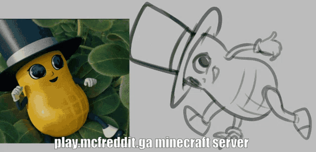 a picture of a peanut wearing a top hat next to a drawing of the same peanut wearing a top hat