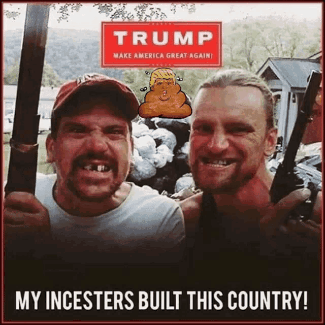 two men are holding guns in front of a trump sign