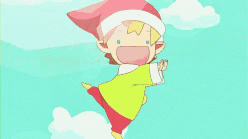 a cartoon elf is flying through the air wearing a pink hat and a green shirt .