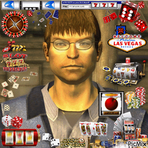 a computer screen shows a man surrounded by casino las vegas icons