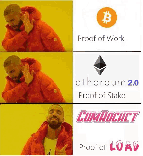 proof of work ethereum 2.0 proof of stake cumrocket proof of load written on a yellow background