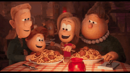 a family of cartoon characters eating spaghetti and meatballs