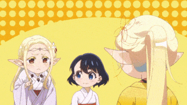three anime characters are standing next to each other with a yellow background