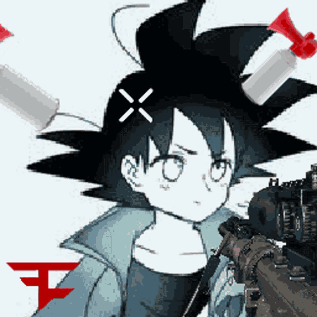 a pixel art drawing of a girl holding a gun with a red f in the corner