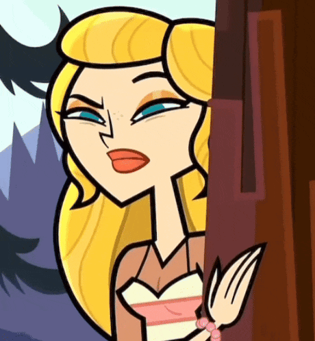 a cartoon girl with blonde hair and blue eyes is peeking out from behind a wooden wall