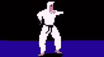 a pixel art of a man in a white karate uniform is dancing .