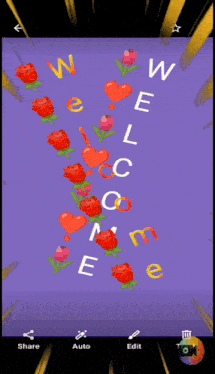 a purple background with red roses and hearts and the words share and edit