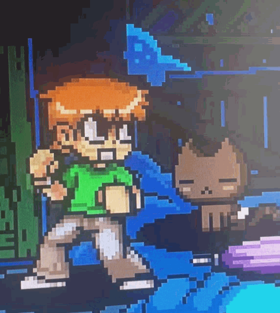 a pixel art of a boy and a cat in a dark room