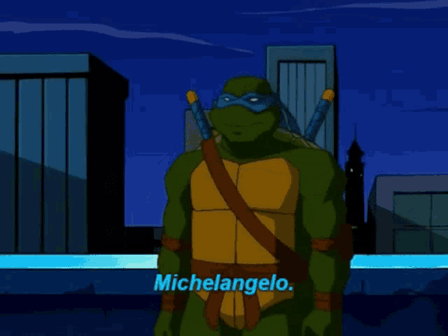 a teenage mutant ninja turtle named michelangelo is standing in front of a city at night