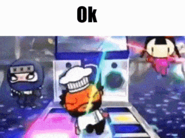 a cartoon character in a chef 's hat is dancing on a dance floor in a video game .