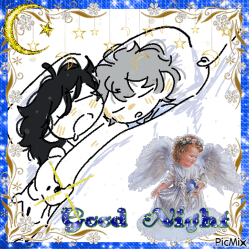 a drawing of a man sleeping next to an angel with the words good night on it