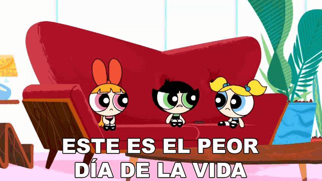 three cartoon characters sit on a red couch with the words este es el peor dia de la vida