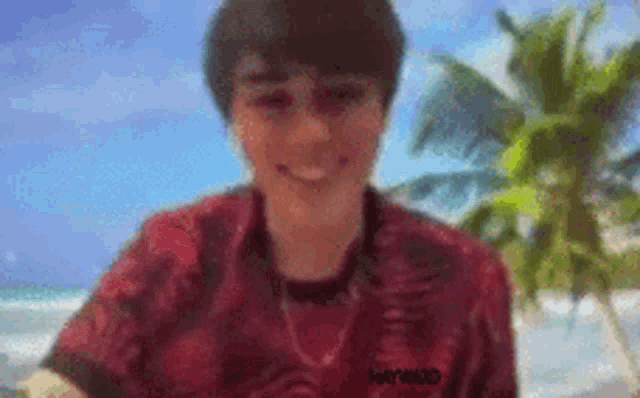 a boy in a red shirt is smiling on a beach .