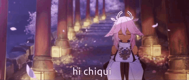 a girl with pink hair is sitting on a staircase with her eyes closed and the words hi chiqui written on the bottom .