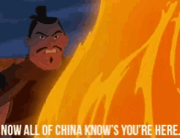 a cartoon of a man standing in front of a fire with the words " now all of china know 's you 're here "