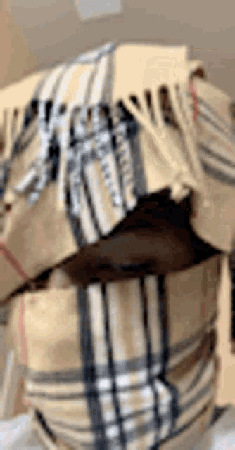 a close up of a person wearing a plaid scarf on their head .