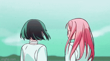 two anime girls with pink hair are standing next to each other .
