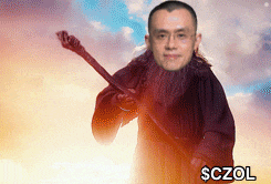 a man with a beard and glasses is holding a sword and says $czol