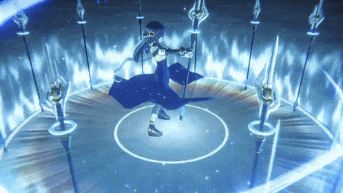 a girl in a blue cape is standing in a circle with spears