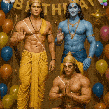 three men dressed as ram and krishna pose in front of balloons and a birthday sign