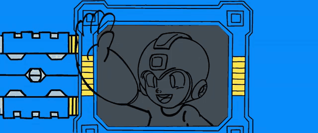 a drawing of a robot on a screen with a blue background