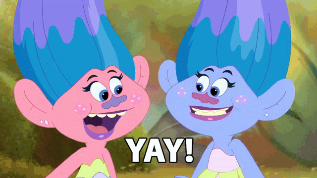 two trolls are standing next to each other and the word yay is on the bottom