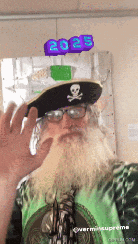 a man with a beard wearing a pirate hat with the number 2025 on top of it