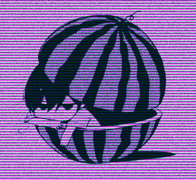 a girl is laying in a watermelon on a purple and blue background .