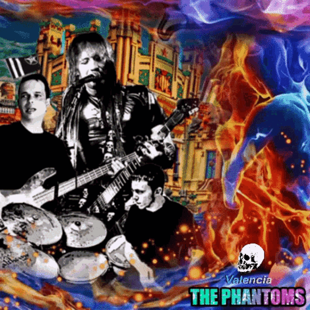 a poster for valencia the phantoms shows a man playing a guitar
