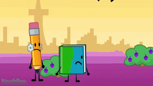 a pencil and a book are standing next to each other in a cartoon scene