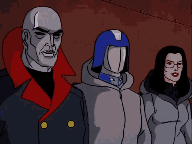 three cartoon characters are standing next to each other and one has a blue helmet on