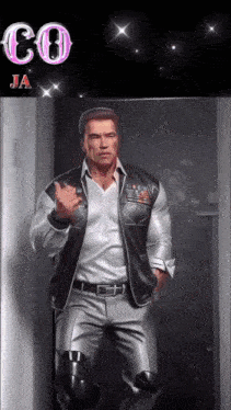 arnold schwarzenegger is standing in a doorway and giving a thumbs up sign
