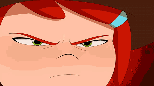 a cartoon character with red hair and green eyes has an angry look on her face