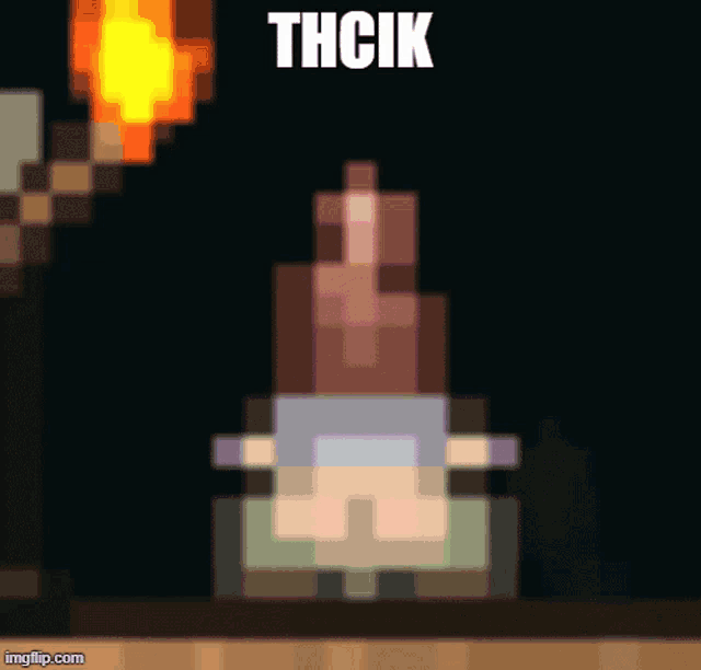 a pixel art drawing of a person with a torch on their head and the words thcik above them