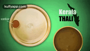 kerala thali is written on a green background next to a plate