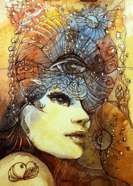 a painting of a woman 's face with a heart on her chest