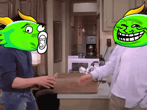 a man is holding a cardboard box with a green troll face on his face
