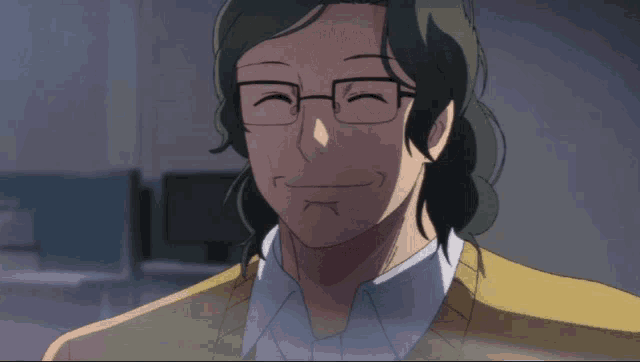 a man with green hair and glasses is smiling and wearing a yellow jacket