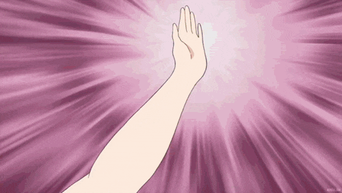 a woman 's hand is reaching out towards a purple light .