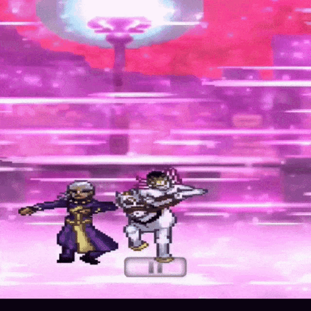 a video game scene with a purple background and two characters fighting