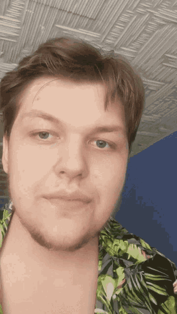a man with a beard is wearing a green shirt with leaves on it