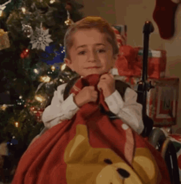 a little boy is sitting in front of a christmas tree holding a teddy bear blanket .