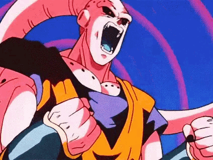 a close up of a cartoon character screaming with his mouth open and a blue background .