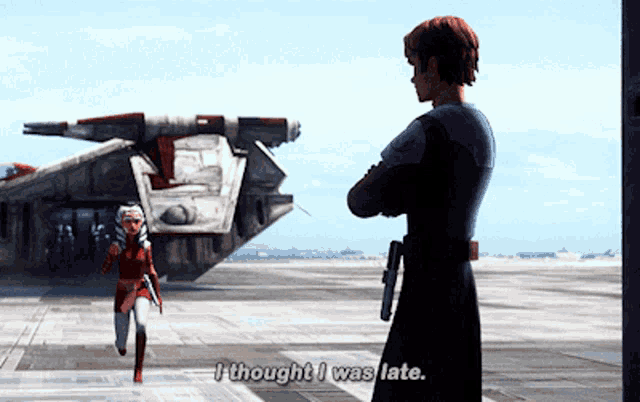 a man and a woman are standing on a runway and the man is saying " i thought i was late "